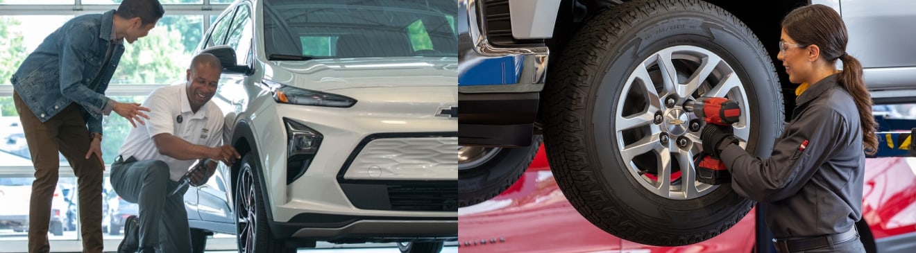 A service person helping a customer and an oil change. 